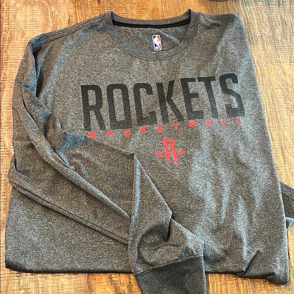 Unk Gray and Red Long Sleeve Tee Rockets Basketball